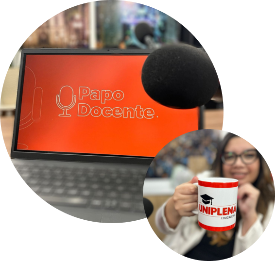 Imagem da aprentadora do Podcast junto com a Ilustração de um Notebook.