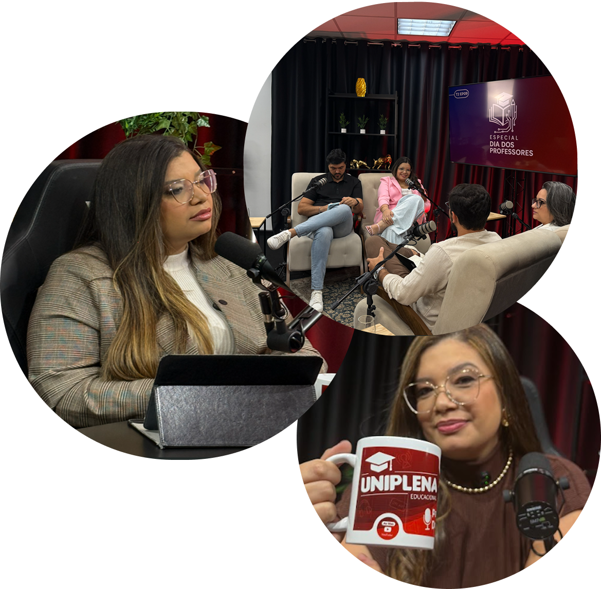 Imagem da aprentadora do Podcast junto com a Ilustração de um Notebook.